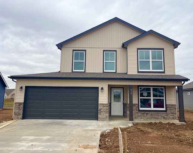 craftsman inspired home featuring covered porch, driveway, and brick siding