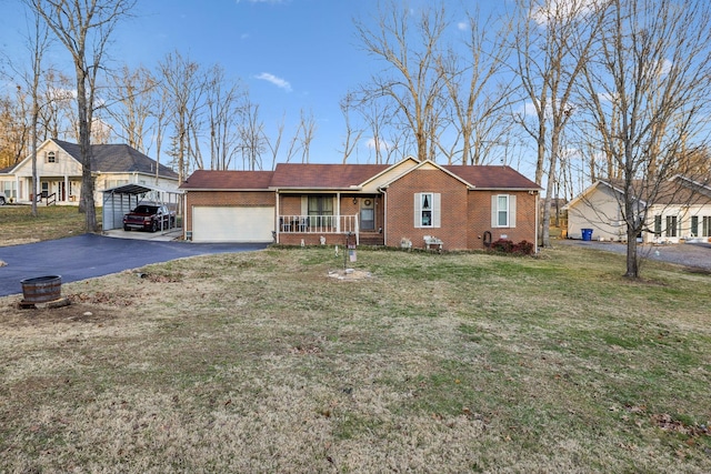 single story home featuring a front yard, a garage, a porch, and a carport