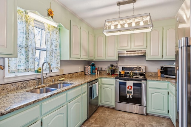 kitchen with appliances with stainless steel finishes, ornamental molding, light stone counters, and sink