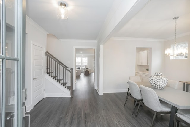 foyer entrance with an inviting chandelier, ornamental molding, and dark hardwood / wood-style flooring