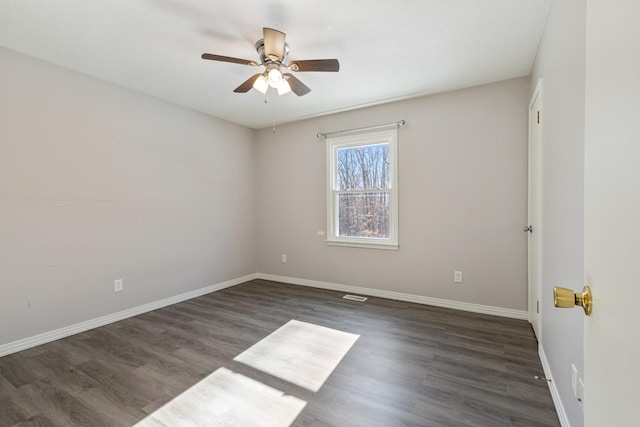 empty room featuring ceiling fan and dark wood-type flooring