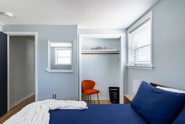 bedroom with multiple windows and hardwood / wood-style flooring