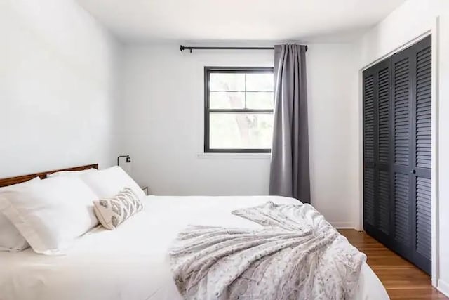 bedroom with dark wood-type flooring and a closet