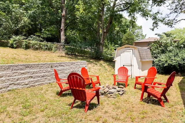 view of yard featuring a storage shed