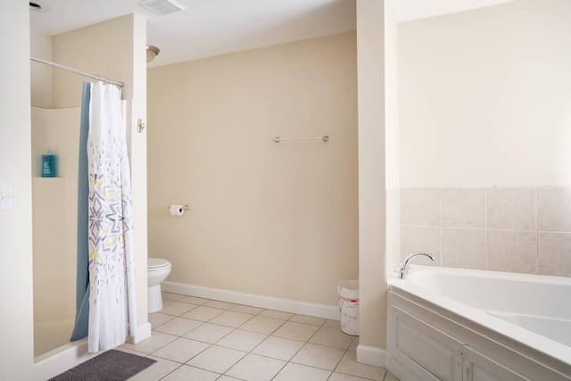 bathroom with independent shower and bath, tile patterned flooring, and toilet