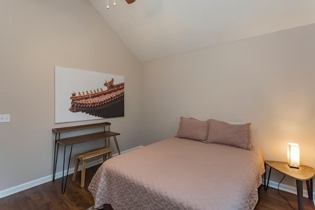 bedroom featuring high vaulted ceiling, ceiling fan, and dark wood-type flooring