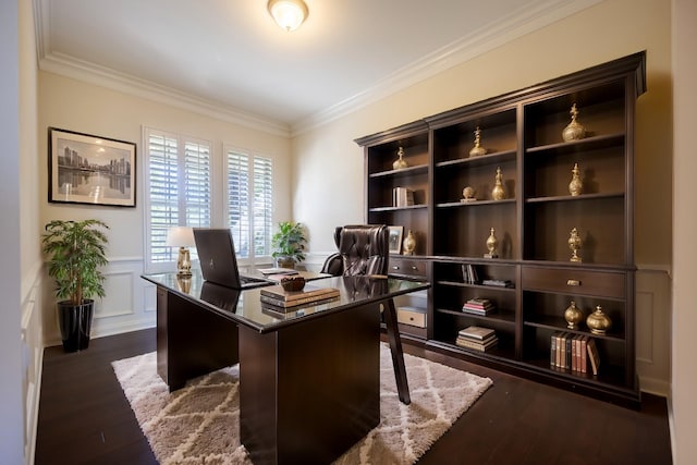 office area with crown molding and dark hardwood / wood-style floors