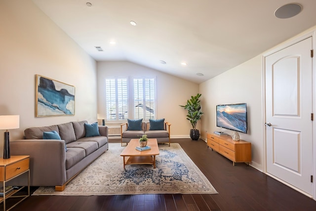 living room with vaulted ceiling and dark wood-type flooring