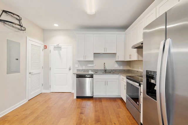 kitchen featuring white cabinets, stainless steel appliances, sink, and electric panel