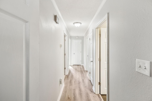 hall with a textured ceiling, light wood-type flooring, and ornamental molding