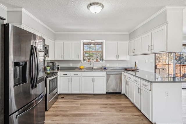 kitchen with appliances with stainless steel finishes, crown molding, kitchen peninsula, white cabinets, and sink