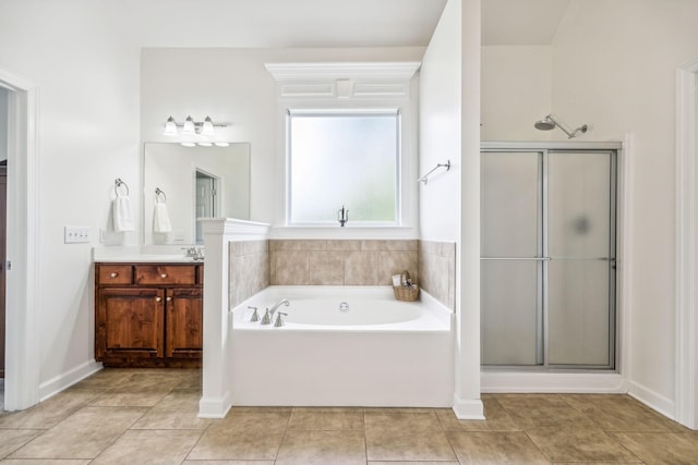 bathroom featuring separate shower and tub, tile patterned flooring, and vanity