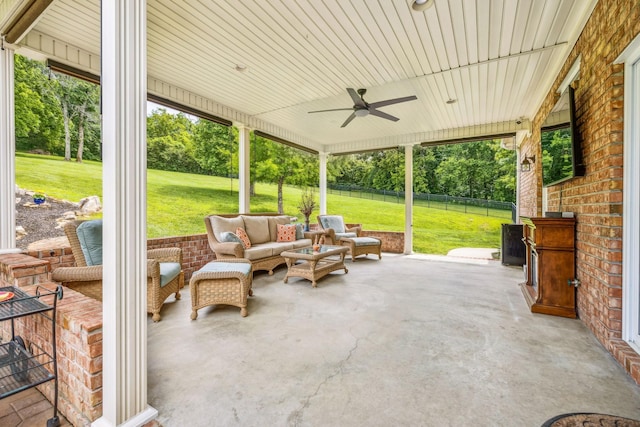 view of patio / terrace featuring ceiling fan and an outdoor hangout area