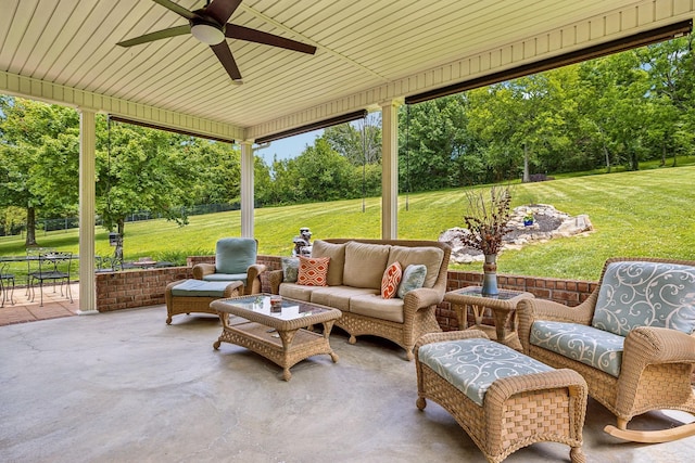 view of patio with ceiling fan and outdoor lounge area