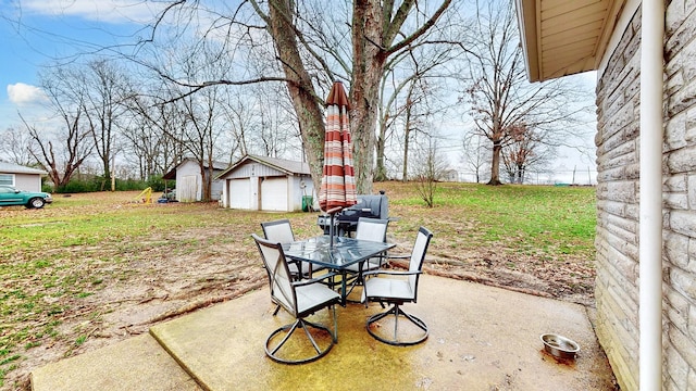 view of patio / terrace featuring a storage shed