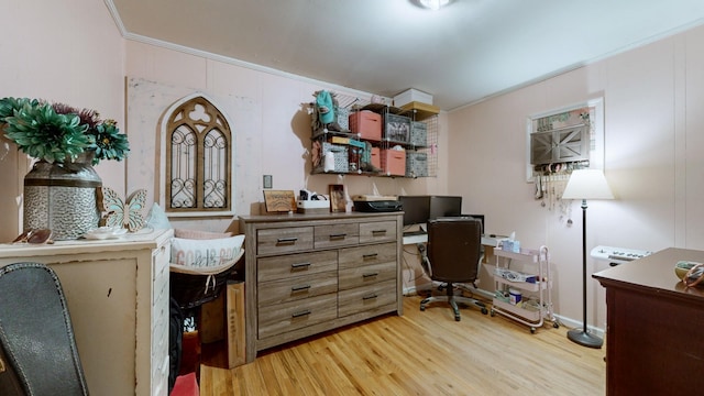 home office featuring hardwood / wood-style flooring and ornamental molding