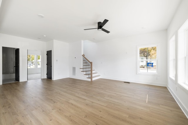 unfurnished living room with ceiling fan and light hardwood / wood-style floors