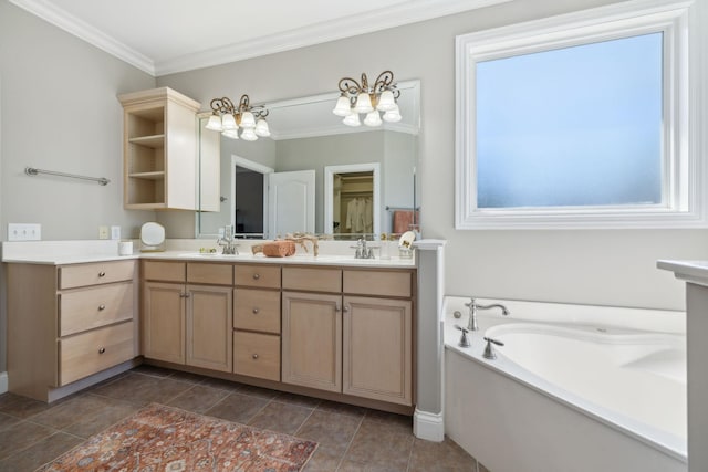 bathroom featuring vanity, ornamental molding, and a bath