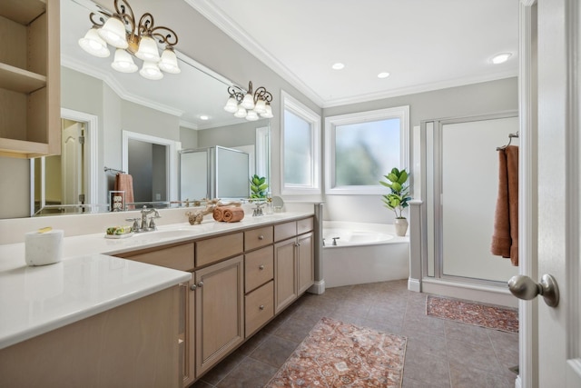 bathroom featuring shower with separate bathtub, tile patterned flooring, ornamental molding, vanity, and a notable chandelier