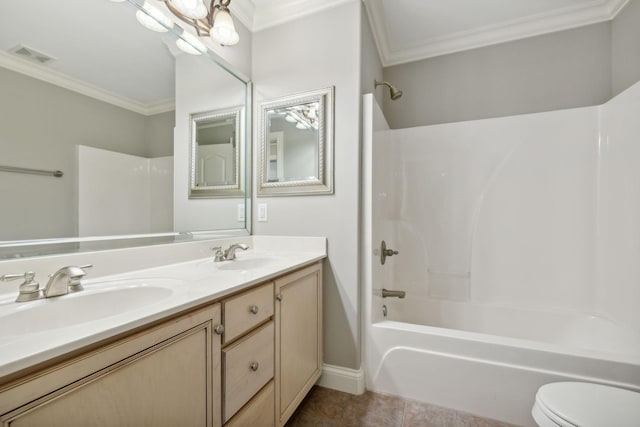 full bathroom with bathtub / shower combination, toilet, vanity, tile patterned floors, and ornamental molding