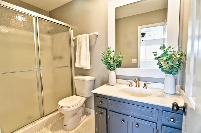 bathroom with vanity, an enclosed shower, tile patterned floors, and toilet