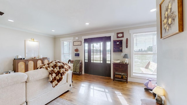 living room with light hardwood / wood-style floors and crown molding