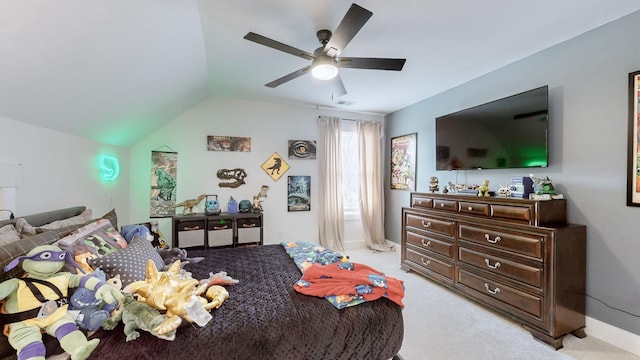 bedroom featuring lofted ceiling, light carpet, and ceiling fan