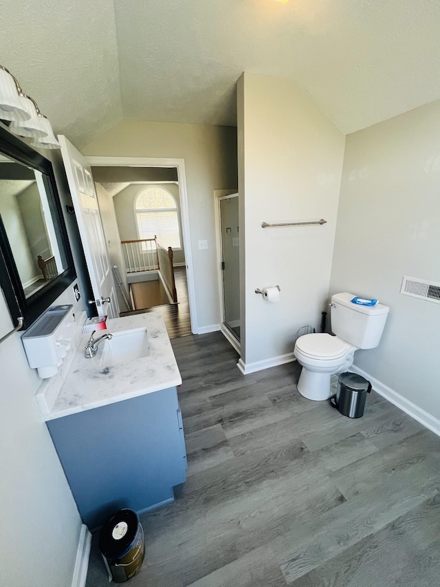 306 Turkey Creek Hwy, Carthage, TN 37030 - bathroom with a shower with door, hardwood / wood-style floors, vanity, a textured ceiling, and vaulted ceiling