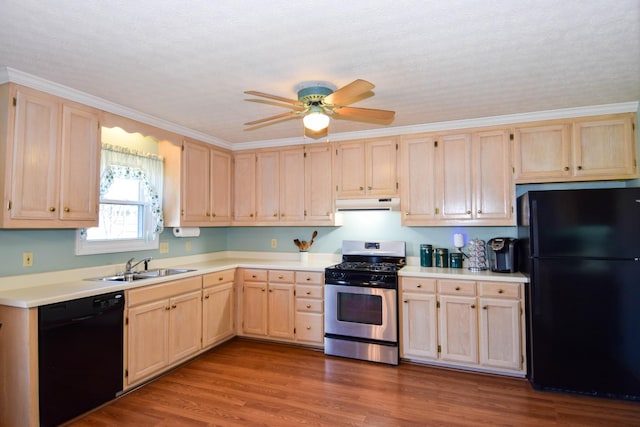 kitchen featuring light brown cabinetry, black appliances, hardwood / wood-style floors, crown molding, and sink