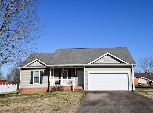 ranch-style house featuring a garage, covered porch, and a front lawn