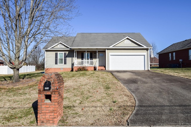 single story home featuring covered porch, a front lawn, and a garage