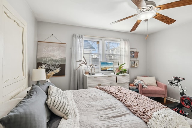 bedroom with ceiling fan and wood-type flooring