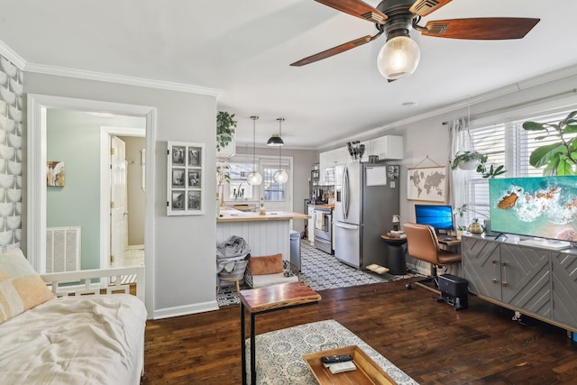 interior space with dark wood-type flooring and crown molding