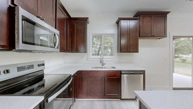 kitchen featuring sink, stainless steel appliances, light stone counters, and crown molding