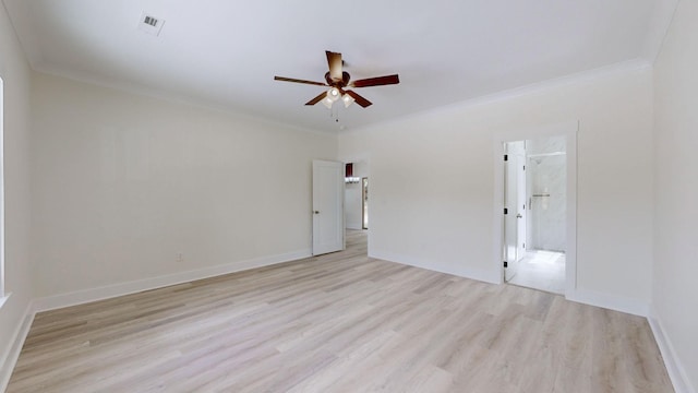 unfurnished room featuring ceiling fan, light hardwood / wood-style flooring, and crown molding