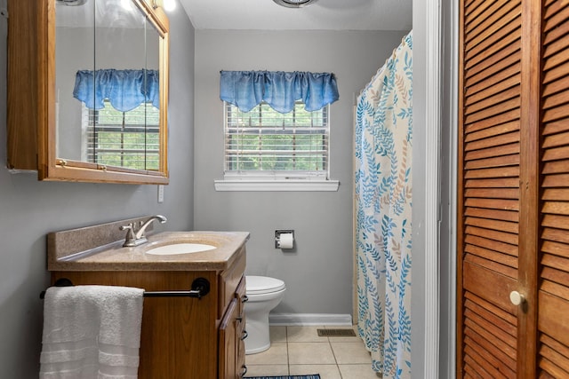 bathroom featuring toilet, tile patterned floors, and vanity