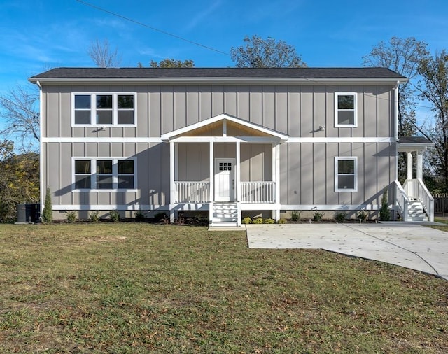 view of front of property featuring a porch, central AC, and a front yard