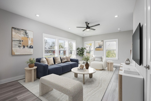 living room featuring ceiling fan and light hardwood / wood-style flooring