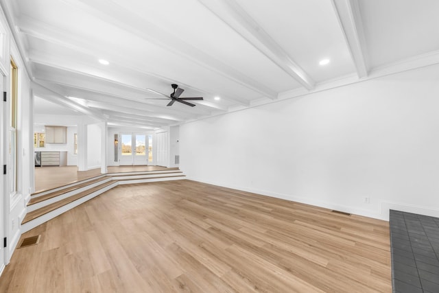 unfurnished living room with beam ceiling, ceiling fan, and light hardwood / wood-style floors