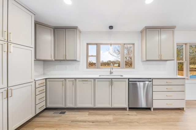 kitchen with sink, dishwasher, plenty of natural light, and gray cabinetry