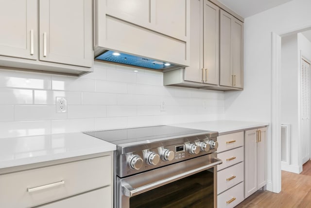 kitchen with backsplash, electric range, gray cabinetry, and light hardwood / wood-style floors