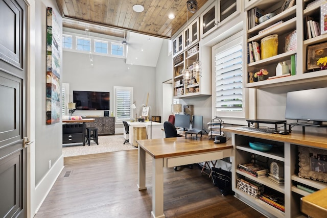 office with high vaulted ceiling, hardwood / wood-style floors, a healthy amount of sunlight, and wood ceiling