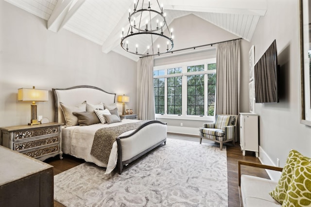 bedroom with high vaulted ceiling, an inviting chandelier, hardwood / wood-style flooring, and beamed ceiling