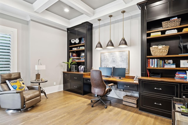 home office featuring light hardwood / wood-style floors, coffered ceiling, and beamed ceiling