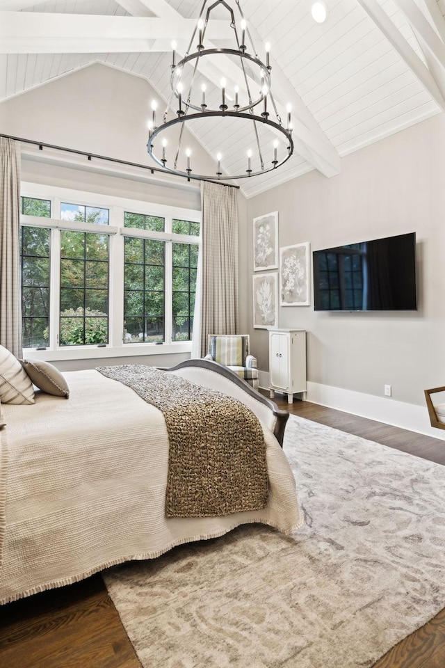 bedroom with high vaulted ceiling, beamed ceiling, and dark wood-type flooring