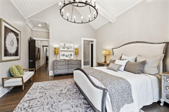 bedroom featuring wooden ceiling, beamed ceiling, high vaulted ceiling, dark hardwood / wood-style flooring, and a notable chandelier