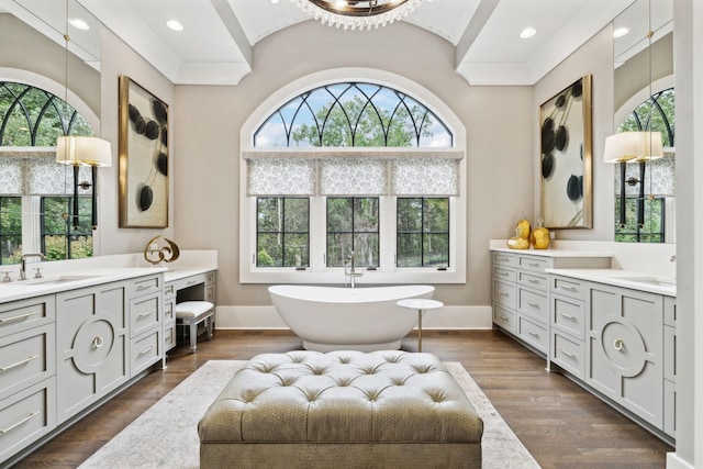 bathroom featuring vanity, a bathtub, and hardwood / wood-style floors