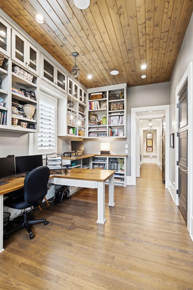 office space featuring light hardwood / wood-style floors and wood ceiling