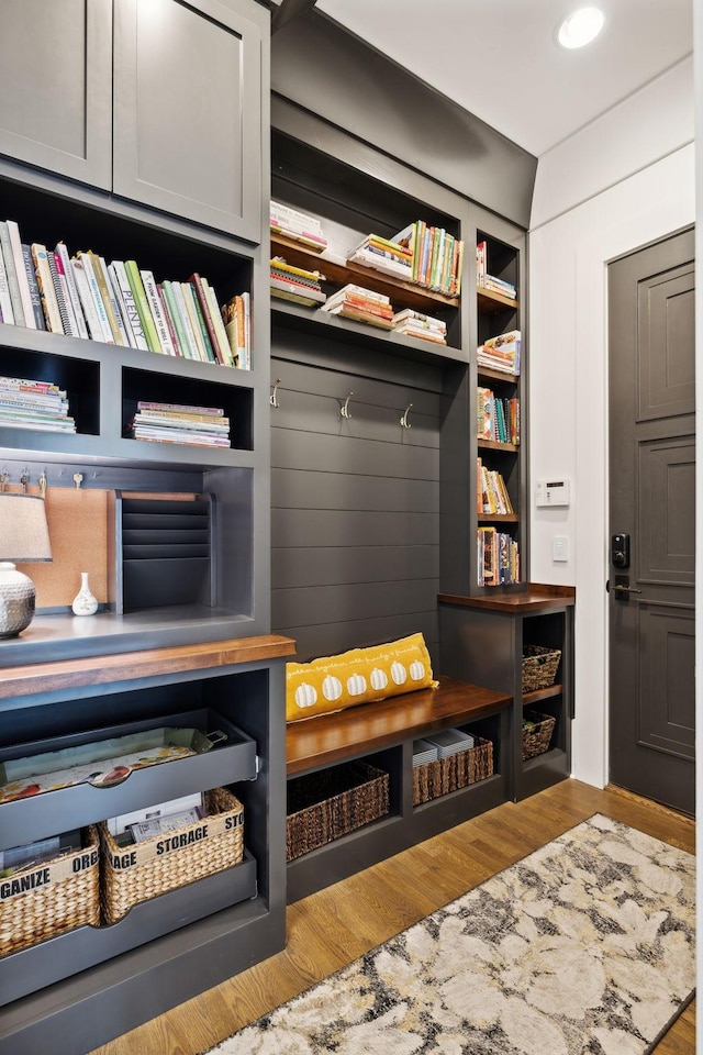 mudroom with hardwood / wood-style flooring