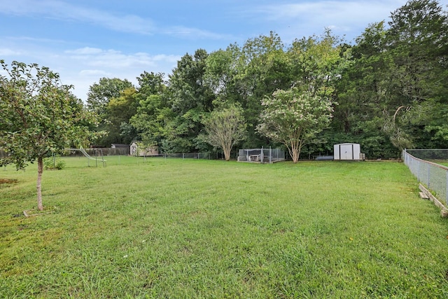 view of yard featuring a storage shed